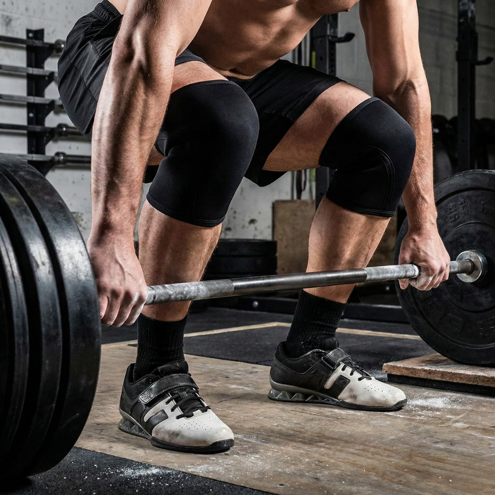 Genouillère haltérophilie gros plan genoux