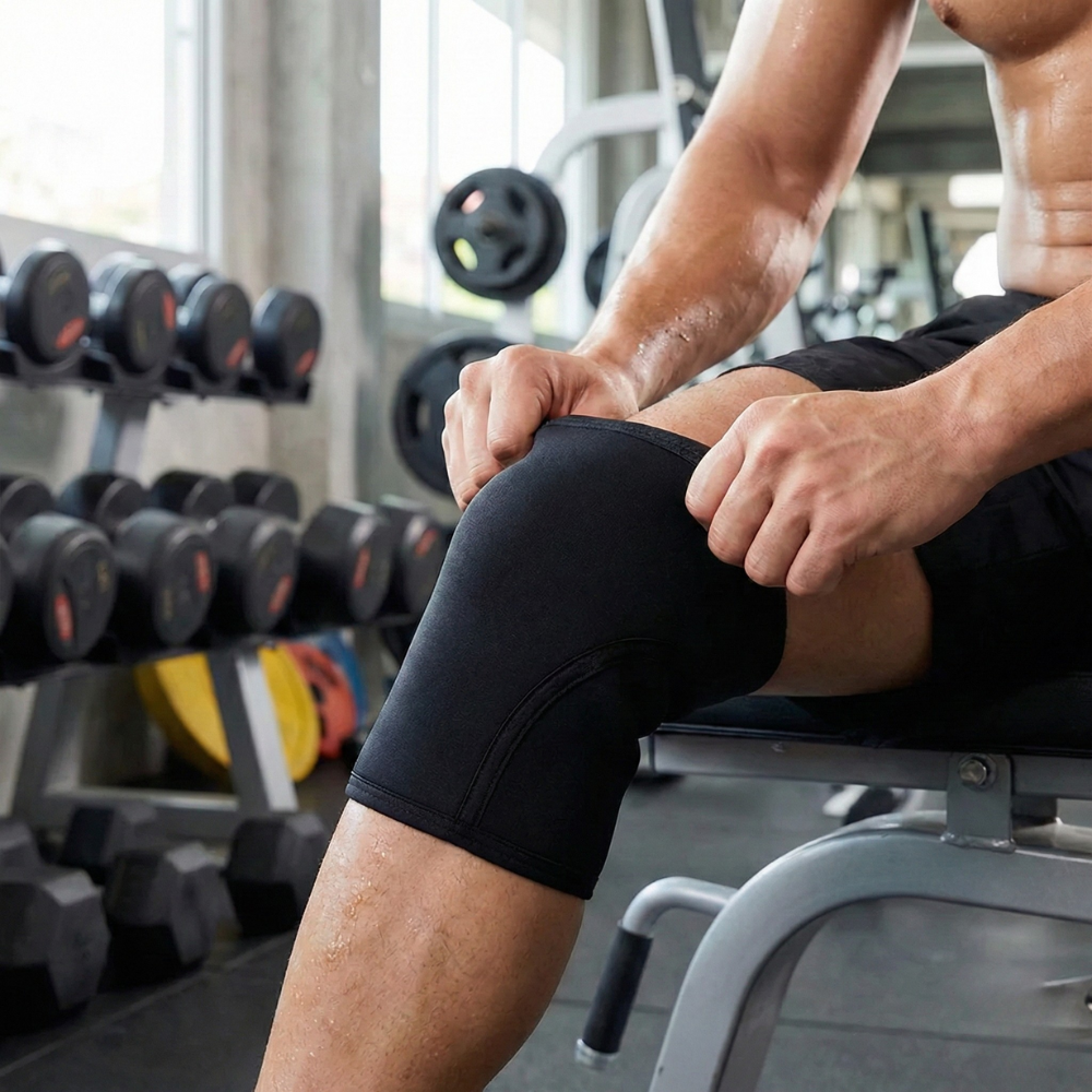 Genouillère haltérophilie entrain de l'enfiler