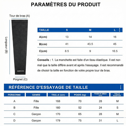 Manchon de compression bras tableau des tailles