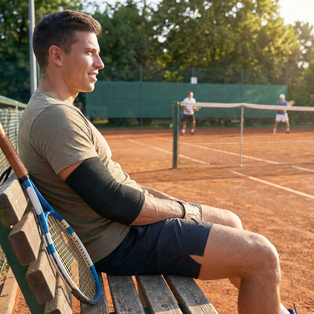 Manchon de compression coude porté par un homme