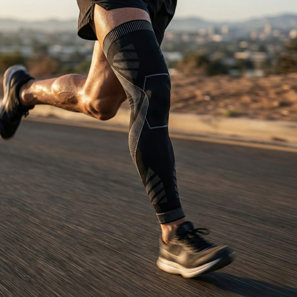 Manchon de compression genou gros plan sur jambe coureur