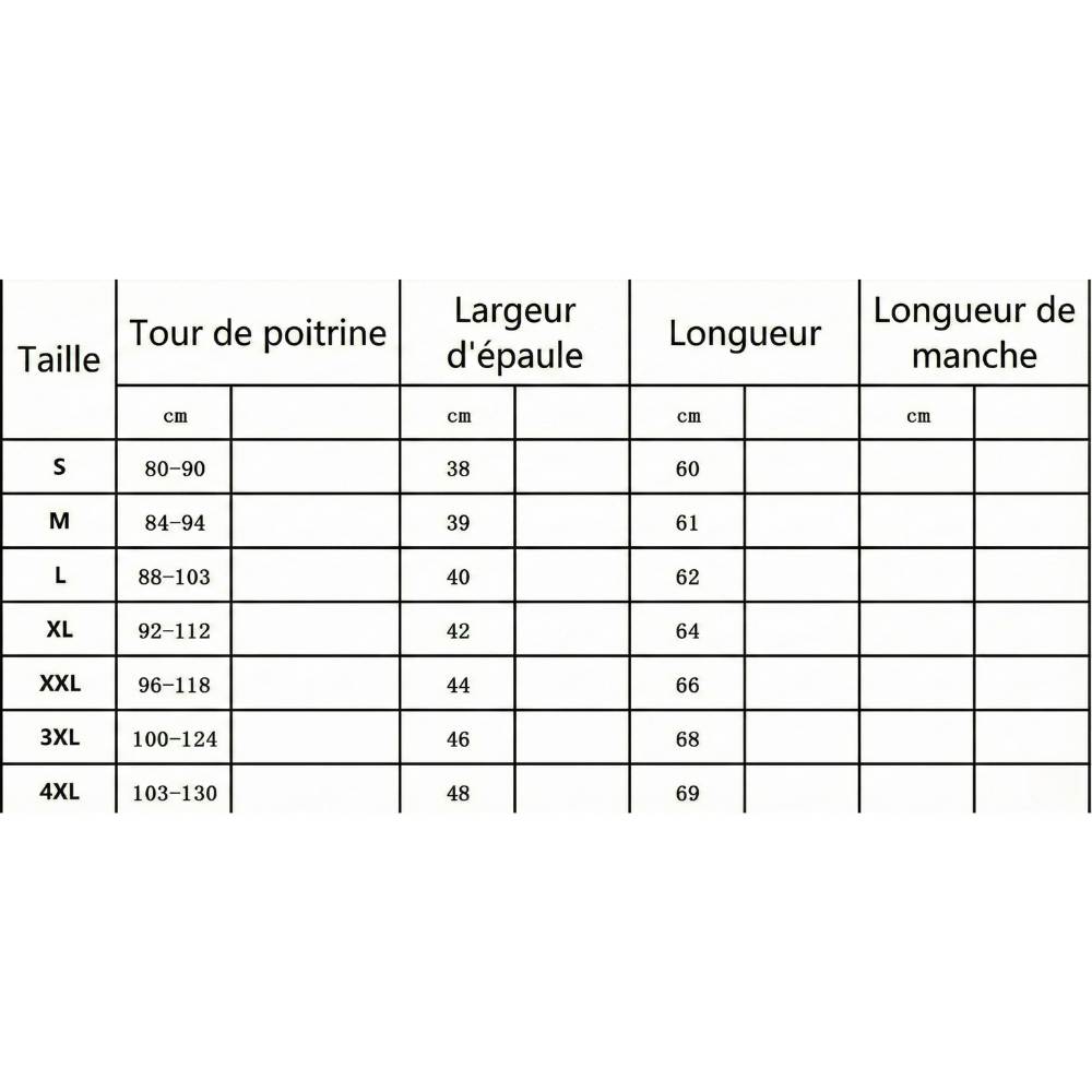 T-shirt compression tableau des tailles